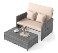 Canapé de Jardin en Rotin PE COSTWAY 2 Places avec Ottoman de Rangement, Tables Pliantes, Dossier Réglable, Coussin Amovible Beige