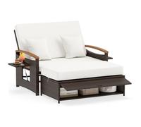Canapé de Jardin en Rotin PE COSTWAY avec Ottoman de Rangement, 2 Places, Plateau Pliante, Dossier Réglable, Coussin Amovible Blanc