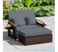 Canapé de Jardin en Rotin PE COSTWAY avec Ottoman de Rangement, 2 Places, Plateau Pliante, Dossier Réglable, Coussin Amovible Gris