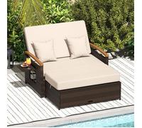 Canapé de Jardin en Rotin PE COSTWAY avec Ottoman de Rangement, 2 Places, Plateau Pliante, Dossier Réglable, Coussin Amovible Beige