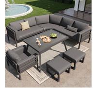 Canapé de jardin Siena - Salon de jardin modulable 8 places avec table en verre. coussins 8 cm. structure en fer gris