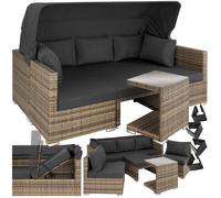 tectake® Salon de Jardin Exterieur Modulable Canapé de Jardin Bain de Soleil avec Pare-Soleil, Table de Jardin en Verre, Aluminium et Resine Tressee Amenagement Balcon Terrasse - Marron Naturel