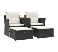 vidaXL Canapé de jardin 2 places avec tabourets Noir Poly Rattan