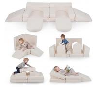 Canapé de jeu modulaire COSTWAY 10 pièces avec housse amovible et lavable en daim, canapé pour enfants dépliable, blocs de mousse pour enfants à partir de 3 ans, beige