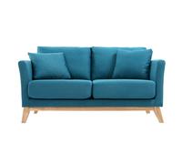 Canapé scandinave déhoussable 2 places en tissu bleu canard et bois clair OSLO