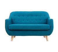 Canapé scandinave déhoussable 2 places en tissu bleu canard et bois clair YNOK
