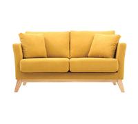 Canapé scandinave déhoussable 2 places en tissu effet velours jaune moutarde et bois clair OSLO