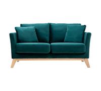 Canapé déhoussable 2 places en tissu velours bleu pétrole et bois clair oslo