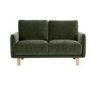 Canapé design 2 places en tissu effet velours vert kaki et bois clair BONO