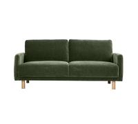 Canapé design 3 places en tissu effet velours vert kaki et bois clair BONO