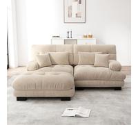 Canapé deux places rembourré en chenille, avec 2 coussins lombaires et 2 coussins décoratifs, larges accoudoirs, 220 x 145 x 81 cm, marron clair