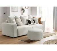 Canapé droit convertible coffre ENVY tissu bouclette doux avec pouf rond blanc BOBOCHIC 3 places Blanc