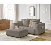 Canapé droit fixe 2 places SIDONIE velours côtelé avec pouf taupe BOBOCHIC Taupe