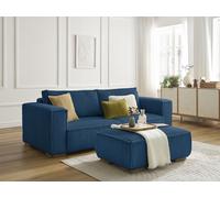 Canapé droit fixe 3 places CHELSEA gros côtelé doux avec pouf bleu foncé BOBOCHIC Bleu foncé
