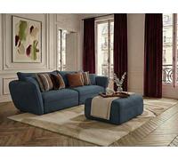 Canapé droit fixe 3 places LUIGI tissu lisse avec pouf bleu BOBOCHIC Bleu