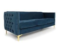 Menzzo Canapé 3 Places Joshua en Velours Bleu avec Pieds métal doré - Style Moderne capitonné - L204 cm
