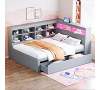 Canapé en bois massif Sweiko 140x200cm, avec très grands tiroirs, avec prise USB et barre lumineuse LED, avec étagères et compartiments de rangement, beaucoup d'espace de rangement, lit double en bois