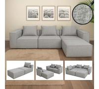 Canapé en L HWC-O54, canapé lounge avec ottomane, modulable à droite/gauche, tissu/textile 63x270x190cm gris clair