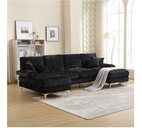 Canapé en U 4 Places Double Méridienne, Pieds Métal 15 cm, Chenille Noire, 272 × 136 × 88 cm - UVRION