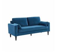 Canapé en velours bleu - Bjorn - Canapé 3 places fixe droit pieds bois. style scandinave