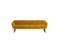 Canapé en velours ocre, 4 places, pieds en bois noir, assise mousse, fixe - Woood, Rocco - 230x82x75 cm