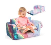 Canapé enfant 2-en-1 pliable se transforme en fauteuil-lit flanelle douce phosphorescente pour lecture et repos