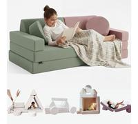 Canapé Enfant Convertible - Chauffeuse 2 Places Transformable en Lit d'Appoint, Aire de Jeu, Fauteuil, Matelas de Sol - Idéal Cadeau Enfants - Possibilités de Jeux Infinies (Rose & Vert, 2 Places)