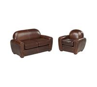 Canapé et fauteuil club BAUDOIN 100% cuir vieilli - Marron