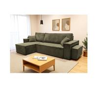 Canapé FARAH d'angle réversible et convertible 4 places avec un pouf en velours côtelé - Vert kaki