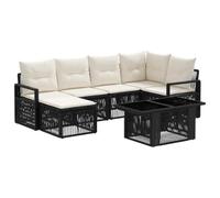 Canapé Jardin 7 Pièces Noir Crème Polyratan avec Table Verre Réglable | Table verre 100x55 cm, hauteur 44-73 cm, cadre acier poudre, coussins lavables, module extensible