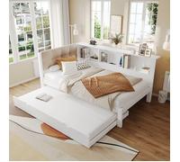 Canapé-lit 1 place 90x200 cm avec lit gigogne 90x190 cm, pin blanc, LED dimmable, étagère, USB - sans matelas