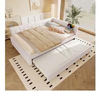 Canapé-lit 140×200 cm avec sommier à lattes et lit gigogne, lampe de chevet, USB/Type-C, blanc (sans matelas)