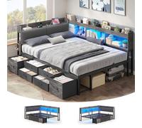 Canapé Lit 140 x 200 avec Multiprise et Éclairage LED | Lit Coffre 140x200 avec Rangement,Lit 2 Personnes avec Tête de Lits Rembourrée,6 Compartiments & 6 Tiroirs,Sommier en Métal