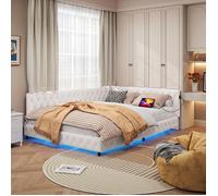 Canapé-lit 140 x 200 cm lit rembourré en L tissu en teddy doux lit double avec éclairage LED ports USB et Type-C Beige