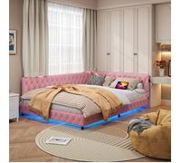 Canapé-lit 140 x 200 cm lit rembourré en L tissu en teddy doux lit double avec éclairage LED ports USB et Type-C Rose