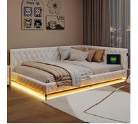 Canapé-lit 140x200 cm 2 Places avec Éclairage LED et Ports USB-C Sommier à Lattes Tissu en teddy Beige pour Adultes et Adolescents