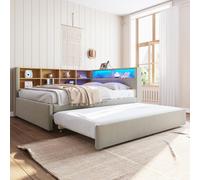 Canapé-lit 140x200 cm avec lit gigogne 90x190 cm, éclairage LED, USB/USB-C, prises électriques et compartiments de rangement, flanelle, gris clair