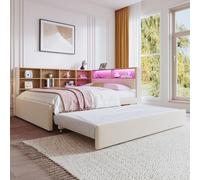 Canapé-lit 140x200 cm avec lit gigogne 90x190 cm, éclairage LED, USB/USB-C, prises électriques et compartiments de rangement, flanelle, beige