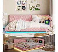 Canapé Lit 140x200 Lit Banquette 2 Places avec LED et USB et Type-C Lit Rembourré avec Sommier à Lattes Teddy Velours Rose