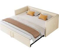 Canapé-lit 2-en-1 - Lit gigogne 90/180 x 200 cm - Revêtement en velours - Avec espace de rangement - Structure en bois en forme de U - Style classique - Beige