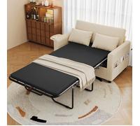 Canapé-lit 2 places extensible beige avec matelas, draps, coussins et table latérale rabattable