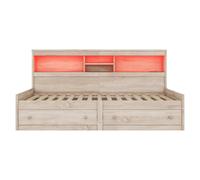 Canapé-lit 90×200 cm avec port USB, éclairage LED et deux tiroirs, sans matelas, Naturel