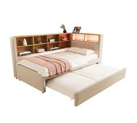 Canapé-lit 90/200 cm beige en flanelle avec lit gigogne LED et rangements