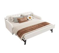 Canapé-lit 90/200 cm beige en lin avec lit gigogne et port USB