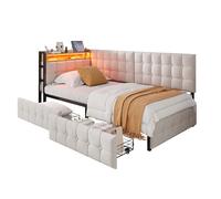Canapé-lit 90/200 cm beige en tissu avec LED tiroirs et ports USB Type-C