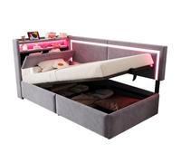 Canapé-lit 90/200 cm gris clair en velours avec LED USB et rangement