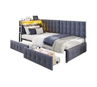 Canapé-lit 90/200 cm gris en tissu avec LED USB et 2 tiroirs