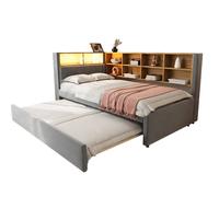 Canapé-lit 90/200 cm gris foncé en flanelle avec lit gigogne LED et rangements