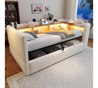 Canapé-lit 90 x 190 cm avec espace de rangement hydraulique, plusieurs compartiments de rangement, éclairage LED et prises électriques, 12 lattes, capacité jusqu'à 150 kg, couleur beige