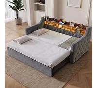 Canapé-lit 90 x 190 cm avec lit escamotable, tête de lit avec rangement, éclairage LED, ports USB et Type-C, revêtement en velours, accoudoirs et sommier à lattes, couleur gris foncé